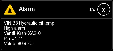 Hydrauliöljyn korkea lämpötila Hälytys aktivoituu noin 70 C lämpötilassa. Varoitusvalo on tekstisanoma katso kuva alla.