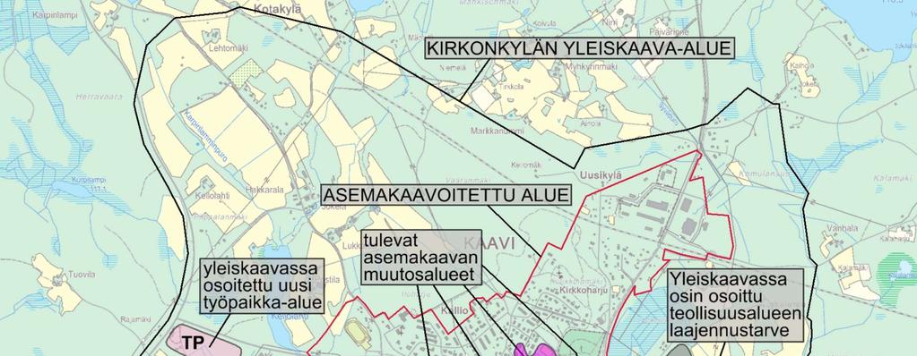 KAAVI Kirkonkylän strateginen yleiskaava 2 Yleiskaava-alueen rajaus Yleiskaava-alueeseen sisältyvät kirkonkylän asemakaavoitettu taajama-alue ja sitä ympäröivät lähialueet voimassa olevan yleiskaavan