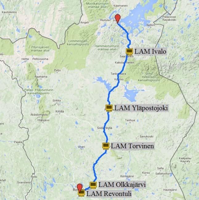 54 Kuva 5.2. Ketosen Kuljetus Oy:n HCT-ajoneuvoyhdistelmä kuljettaa raakapuuta pääasiassa Inarista Rovaniemelle valtatiellä 4. Kuvaan on merkitty myös reitillä sijaitsevat LAM-pisteet.