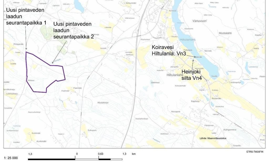Kuva 69. Seurantaohjelmassa esitetyt ehdotukset hankkeen pintavedenlaadun seurantapaikoiksi.