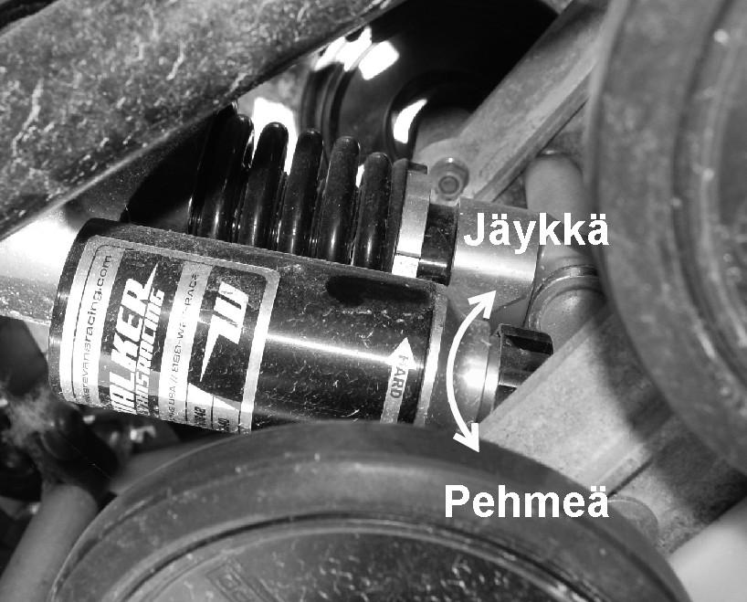 MOOTTORIKELKAN KÄYTTÖ Jousituksen säädöt Telaston jousituksen säätö; Proride takajousitus Telaston etu- ja takaiskunvaimentajissa on iskunvaimennuksen säätömahdollisuus, jolla voidaan tarkemmin