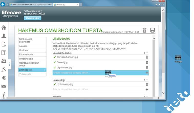 Omapalvelu / Liitteiden lisääminen hakemukseen / Raahaamalla Liitetiedosto voidaan lisätä myös hiirellä raahaamalla työasemalta liitetyyppien alla olevaan kenttään