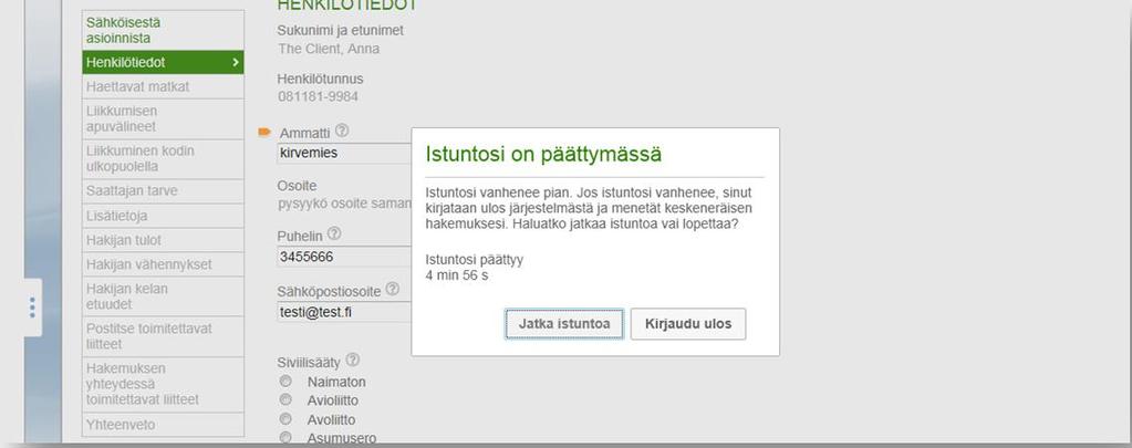 Omapalvelu / Istunnon päättäminen Omapalvelussa avautuu dialogi varoittamaan istunnon automaattisesta päättymisestä