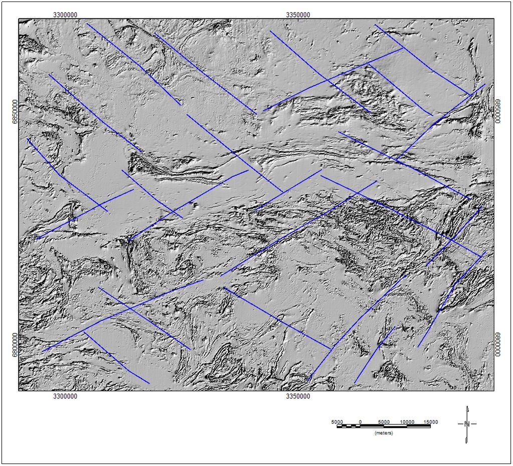 Q20/2009/30 11 Kuva 9. Pituudeltaan > 5 km magneettiset lineamentit vinovalaistun magneettikenttäkartan päällä.