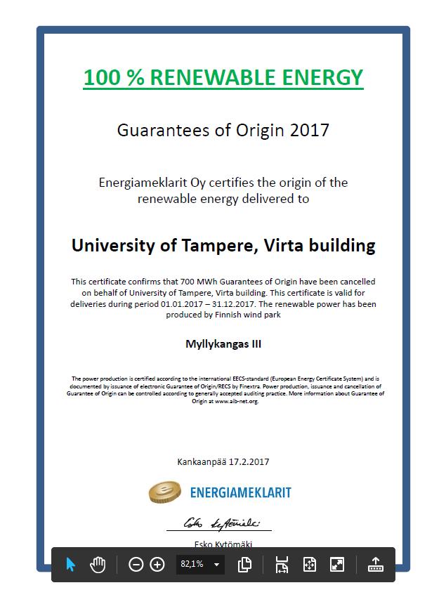 Uusiutuvalla energialla tuotettu sähkö 2001 ensimmäinen aloite 2007 opiskelijoiden adressi tilapalveluille 2009 Norppasähkö
