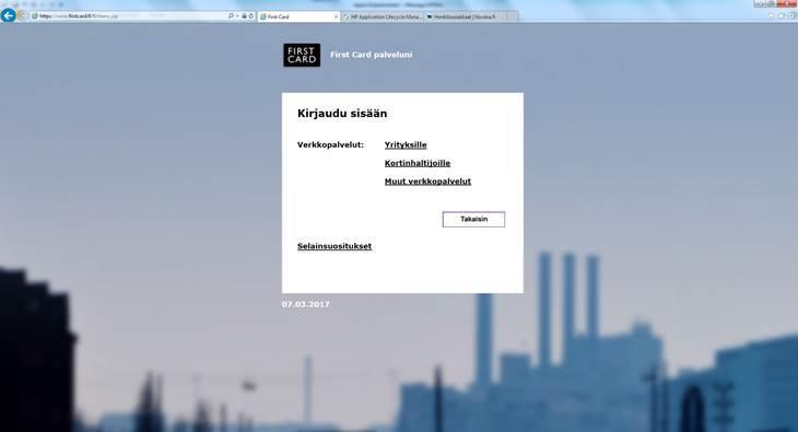 Asennuksen jälkeen kirjaudutaan Nordean First Card verkkopalveluun