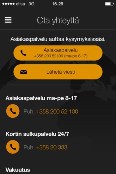 Sovelluksen yhteystiedot asiakaspalveluun johtavat muiden