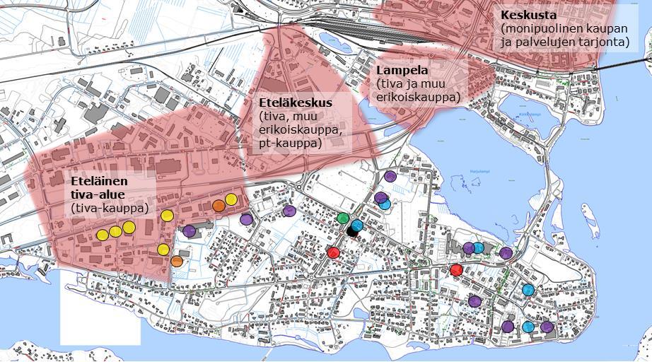 FCG SUUNNITTELU JA TEKNIIKKA OY Loppuraportti 9 (36) 31.5.2017 Tarkastelualuetta lähimmät päivittäistavarakaupan ja erikoiskaupan palvelut sijaitsevat Rovaniemen keskustan ja Eteläkeskuksen alueilla.