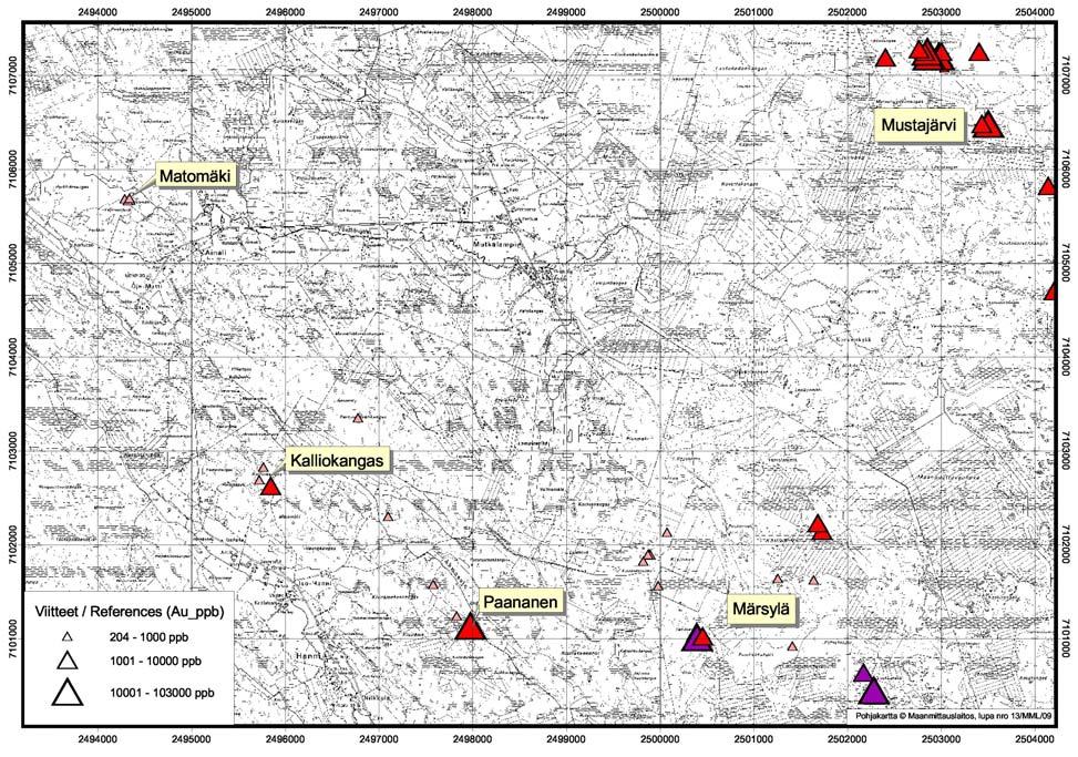 GEOLOGIAN TUTKIMUSKESKUS 12 Kuva 7. Märsylän ja Mustajärven alueen viitteet. Figure 7. References in the area of Märsylä and Mustajärvi.