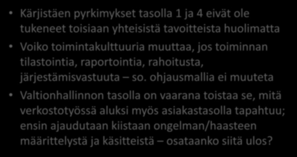 Lapsi- ja perhepalveluiden toimintakulttuurin muutos Kärjistäen pyrkimykset tasolla 1 ja 4 eivät ole tukeneet toisiaan yhteisistä tavoitteista huolimatta Voiko toimintakulttuuria muuttaa, jos