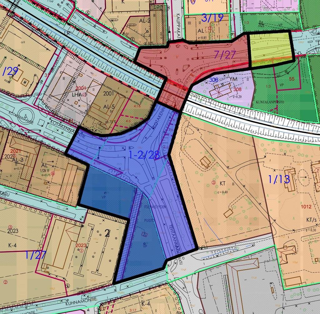 Kaupunginhallitus 17.8.2015 liite nro 2 (10/53) Asemakaava Kotakennääntien - Tehtaankadun risteysalue (sininen rasteri) Suunnittelualueella on voimassa kaupunginvaltuustossa 25.8.1986 hyväksytty ja 28.
