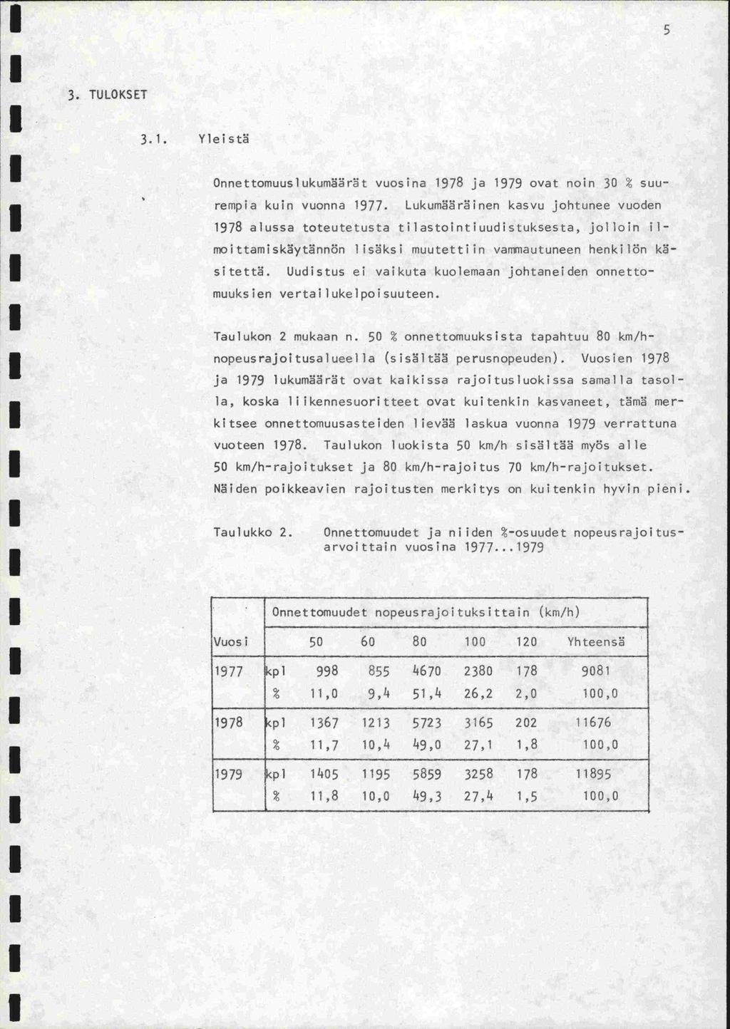 5 3. TULOKSET 3.. Yleistä Onnettomuuslukumrt vuosina 978 ja 979 ovat noin 30 suu- rempia kuin vuonna 977.