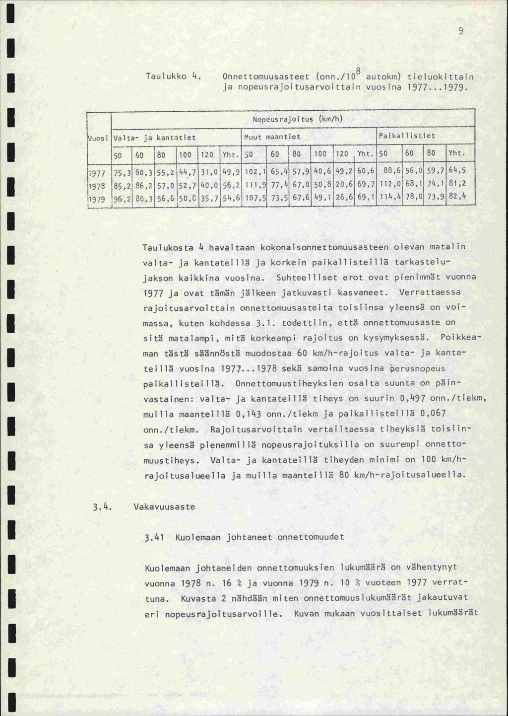 0 > Taulukko 3. Onnettornuusasteet (onn./0 8 autokm) tieluokittain ja nopeusrajoitusarvoittain vuosina 977...979. Nopeusrajoitus (km/h)!