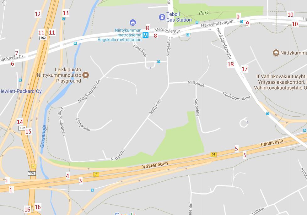 1-6 Kuva 2. Liikennemäärät numeroitu (ks. taulukko 3) suunnittelukohteen viereisillä teillä. Kartan lähde: Google, 2017. 5. TULOKSET Tieliikennemelumallinnuksen tulokset on esitetty liitteissä 1-5.
