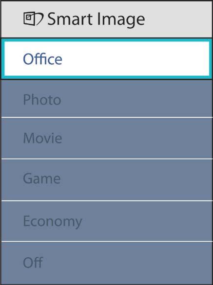 Valittavanasi on kuusi tilaa: Office (Toimisto), Photo (Valokuva), Movie (Elokuva), Game (Peli), Economy (Säästö) ja Off (Pois) päältä. 3.2 SmartContrast Määritelmä?