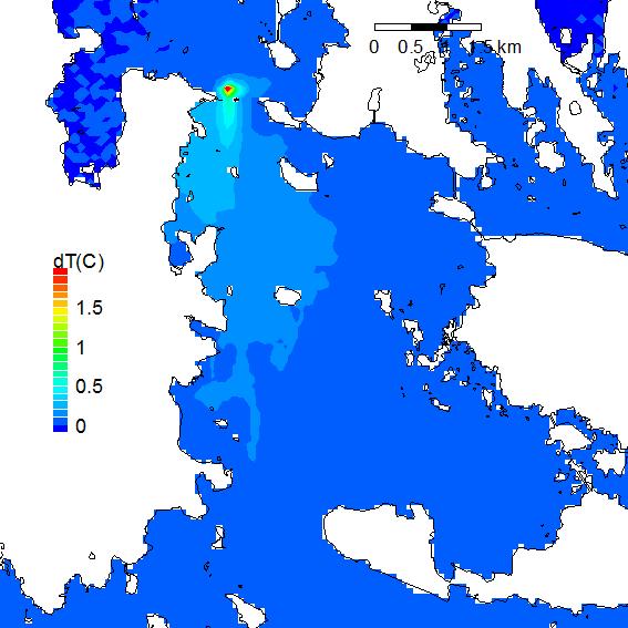 -1m, 6/21-1m,7/21-1m, 8/21-1m, 9/21 Kuva 22: Lämmönousun kuukausikeskiarvot kesä-, heinä-, elo- ja syyskuussa 21, kuormituspiste P2, pintakerros. Lämpökuormitus 2,7 m 3 /s +15 C.