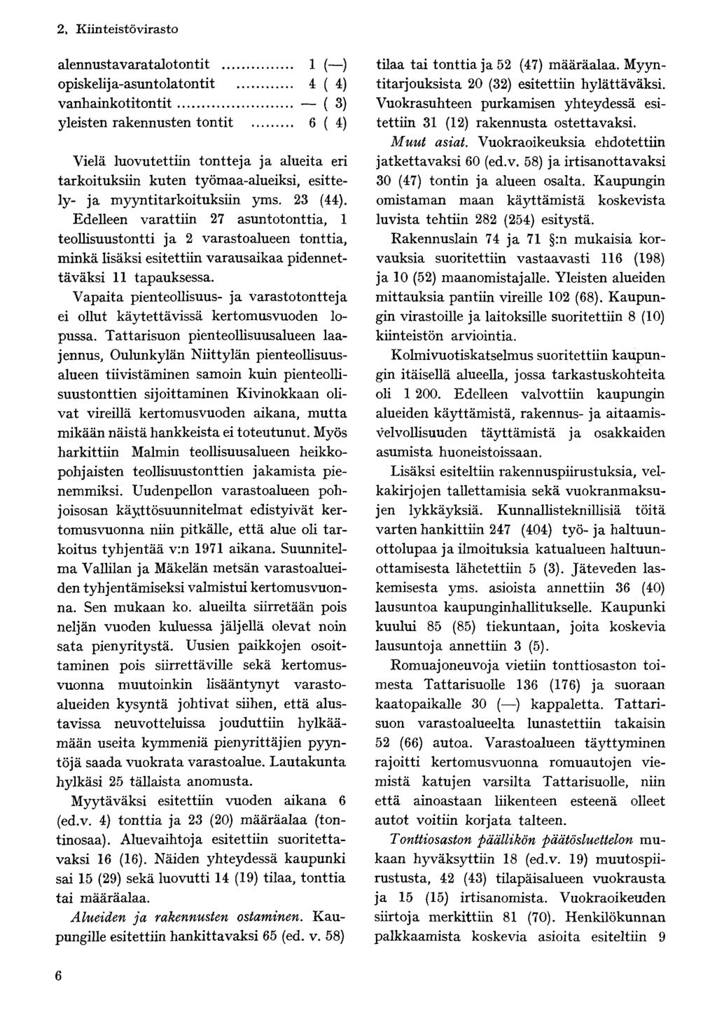 alennustavaratalotontit 1 ( ) opiskelija-asuntolatontit 4 ( 4) vaninkotitontit ( 3) yleisten rakennusten tontit 6 ( 4) Vielä luovutettiin tontteja ja alueita eri tarkoituksiin kuten työmaa-alueiksi,