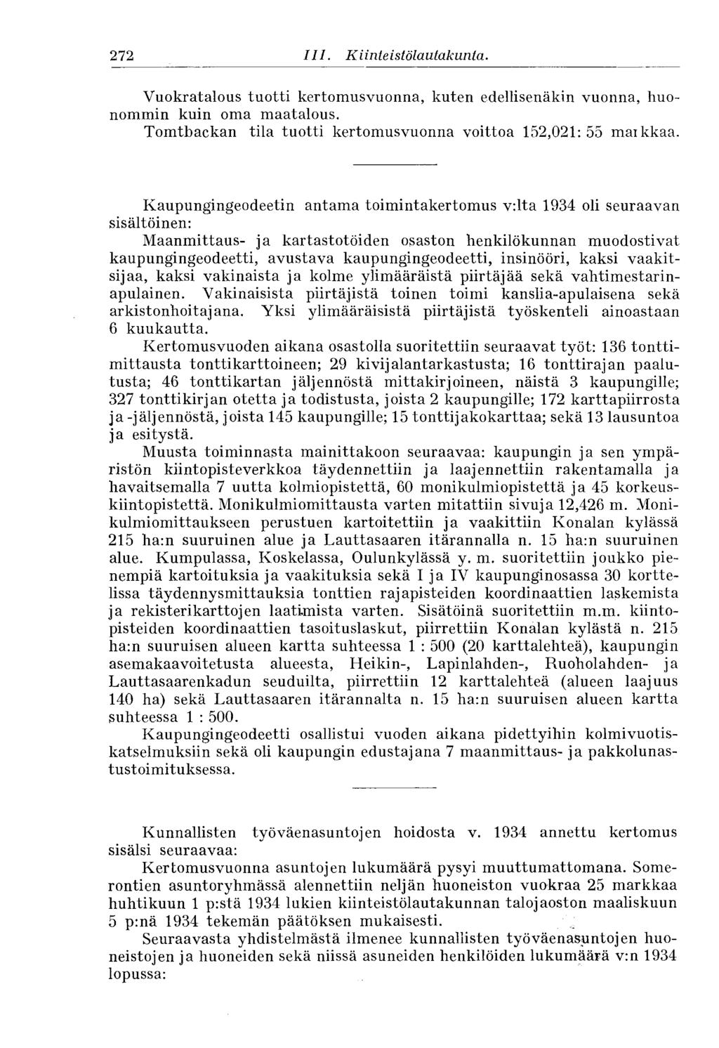 272 III. Kiinteistö Lautakunta. Vuokratalous tuotti kertomusvuonna, kuten edellisenäkin vuonna, huonommin kuin oma maatalous. Tomtbackan tila tuotti kertomusvuonna voittoa 152,021: 55 maikkaa.