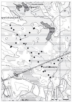 Kemijärvellä tutkitut suot, niiden turvevarat ja käyttökelpoisuus 2. Puukkoaapa Puukkoaapa (kl. 3641 09, x = 7398,5, y = 3489,6) sijaitsee noin 32 km Kemijärven keskustasta länteen.