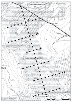 Kemijärvellä tutkitut suot, niiden turvevarat ja käyttökelpoisuus 6. Laitamaanaapa Laitamaanaapa (kl. 3641 05, x = 7413,3, y = 3511,4) sijaitsee n.