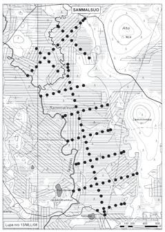 Kemijärvellä tutkitut suot, niiden turvevarat ja käyttökelpoisuus 12. Sammalsuo Sammalsuo (kl. 3641 05, x = 7416,6, y = 3515,7) sijaitsee noin 16 km Kemijärven keskustasta luoteeseen.