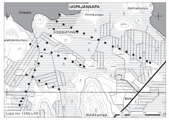 Matti Maunu, Jukka Räisänen ja Timo Hirvasniemi 13. Uopajanaapa Uopajanaapa (kl.3641 08, x = 7415,5, y = 3522,6) sijaitsee noin 20 km Kemijärven keskustasta koilliseen.