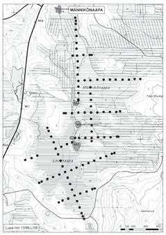 Kemijärvellä tutkitut suot, niiden turvevarat ja käyttökelpoisuus 14. Männikönaapa Männikönaapa (kl. 3641 08, x = 7412,9, y = 3523,1) sijaitsee noin 16 km Kemijärven keskustasta koilliseen.