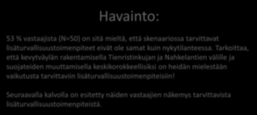 Havainto: 53 % vastaajista (N=50) on sitä mieltä, että skenaariossa tarvittavat lisäturvallisuustoimenpiteet eivät ole samat kuin nykytilanteessa.