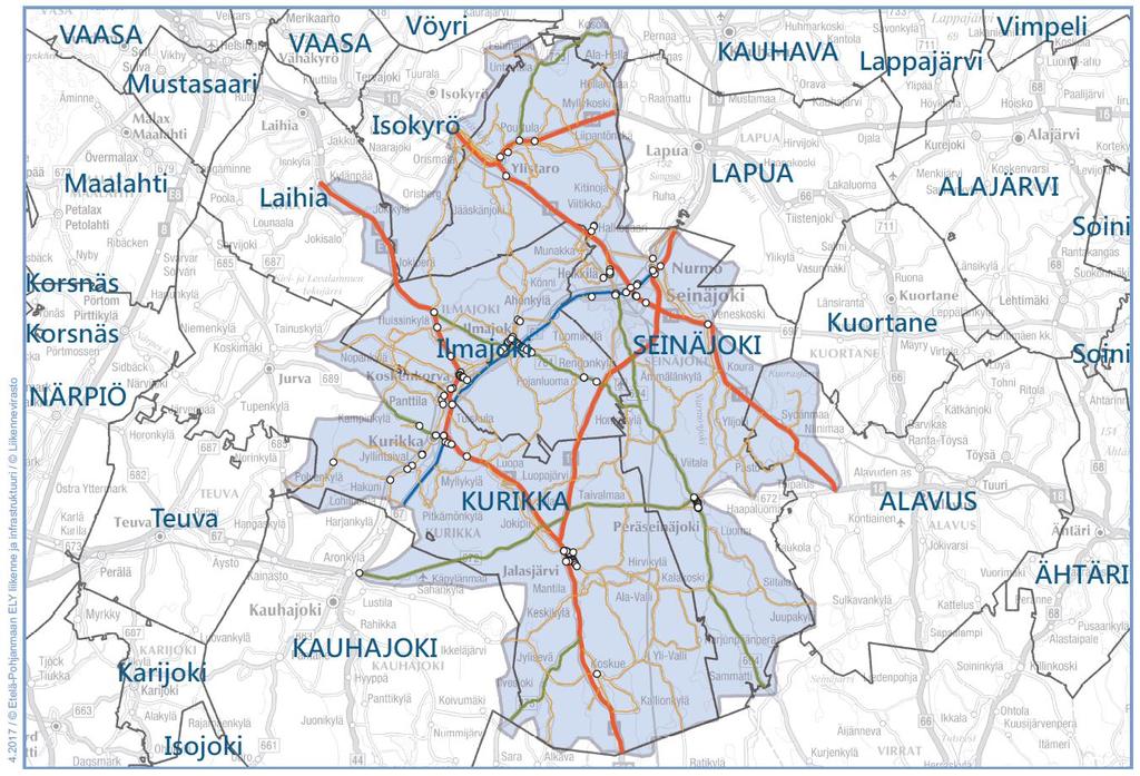 1059 Seinäjoen urakka-alue Kuva 18. Seinäjoen urakka-alue ja alueella olevat suojatiet. Nykytila Urakka-alueella 1059 Seinäjoki on 137 suojatietä, joista lähes kaikki sijaitsevat YKR-taajamassa.