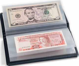54 Setelikansio, seteleiden suojataskut Taskukansio ROUTE Banknotes pankkiseteleille Kätevät taskukansiot ja 20 nidottua läpinäkyvää lehteä, jotka mahdollistavat seteleiden etu- ja takapuolen
