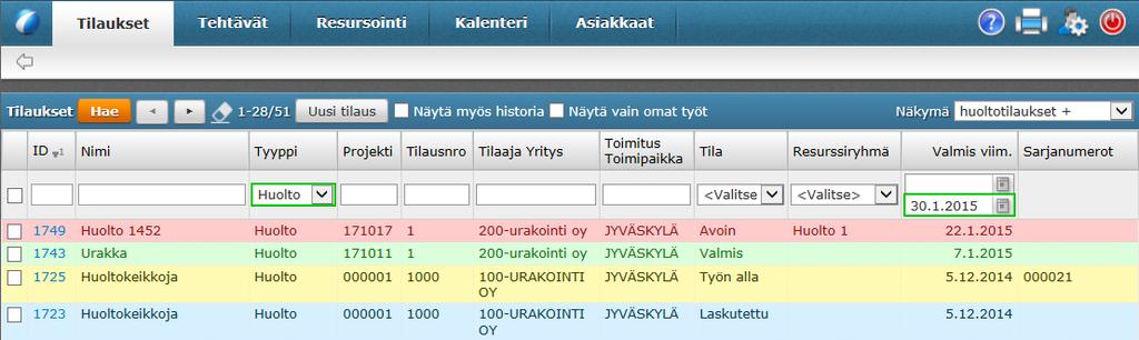 Työtilauslista Voit selata asiakkaiden työtilauksia monipuolisten näkymien avulla Voit lisätä uusia erityyppisiä tilauksia (huolto, asennus, projekti, myynti yms.