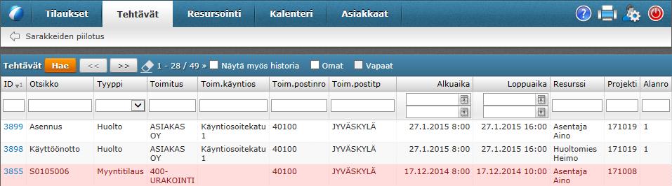 Tehtävälista Työtilaus jaetaan suoritettaviksi tehtäviksi Tehtävän suoritus on resurssikohtaista Tehtävällä näkyy tilauksen työohje, jota voidaan tarkentaa tehtäväkohtaisesti Tehtävän tietosisältö