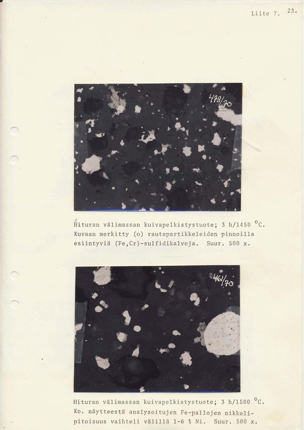 Liite 7. 23. ' hituran viilimassan kuivapelkistystuote; 3 h/450 OC. Kuvaan merkitty (0) rautapartikkeleiden pinnoilla esiintyviä (Fe,Cr)-sulfidikalvoja. Suur.