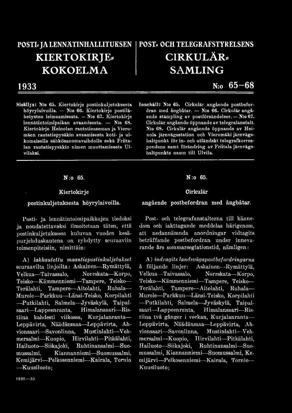Kiertokirje lennätintoimipaikan avaamisesta. N:o 68.