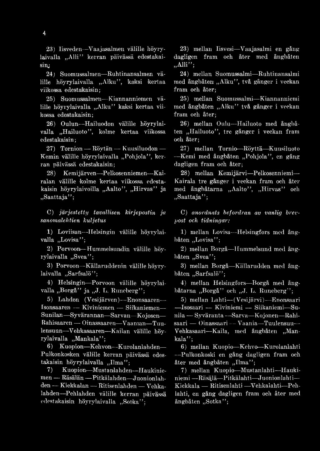 päivässä 28) Kemijärven Pelkosenniemen Kairalan välille kolme kertaa viikossa edestakaisin höyrylaivoilla Aalto, Hirvas ja Saattaja ; C ) jä r je s te tty tavallisen kirjep ostin ja sanom alehtien ku