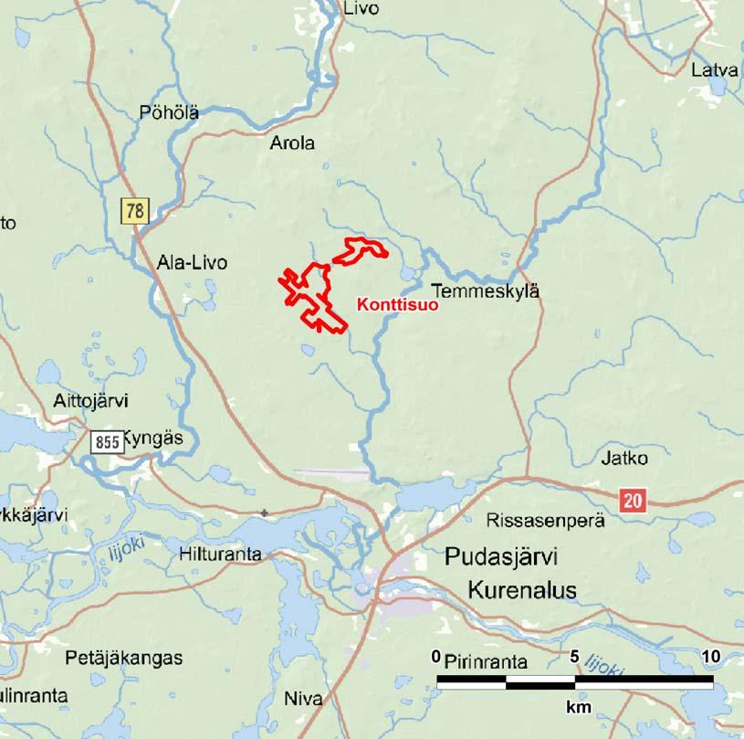 FCG Finnish Consulting Group Oy Ympäristövaikutusten arviointiselostus 3 (96) Kuva 2.1. Konttisuon sijainti. Vapo Oy:n omistuksessa olevaa aluetta on Konttisuolla 145 ha ja vuokrattua aluetta 154 ha.