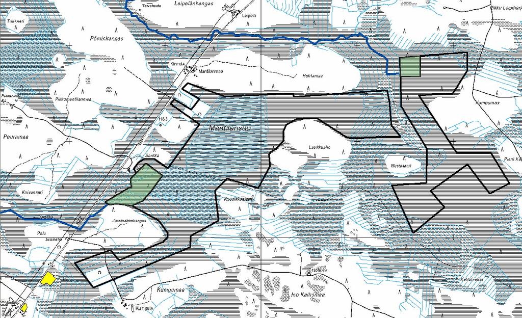 Mantilansuon turvetuotantoalueen YVA-ohjelma 12(38) Kuva 3. Alustava hankesuunnitelma. Tuotantoalue koostuu itäisestä ja läntisestä osasta, joiden vedet purkautuvat eri reittejä pitkin Kiiminkijokeen.