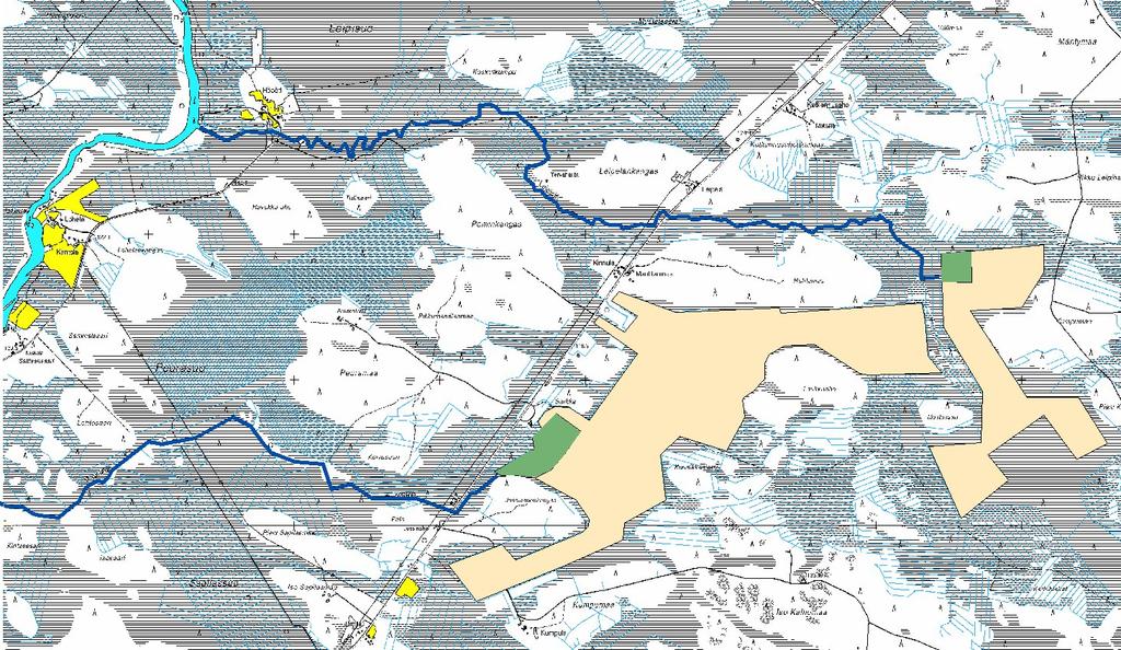 Mantilansuon turvetuotantoalueen YVA-ohjelma 27(38) Kiiminkijoki Leipioja Peuraoja Korteoja Kuva 9. Vesien johtaminen Mantilansuon hankealueelta.
