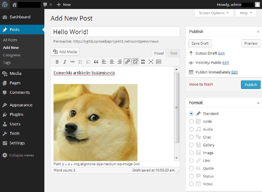KUVIO 8. WordPressin artikkeleiden julkaisunäkymä WordPressin hallintapaneelia kutsutaan nimellä Dashboard. WordPress-ympäristössä sivustojen ulkonäkö ja toiminnot perustuvat teemoihin.