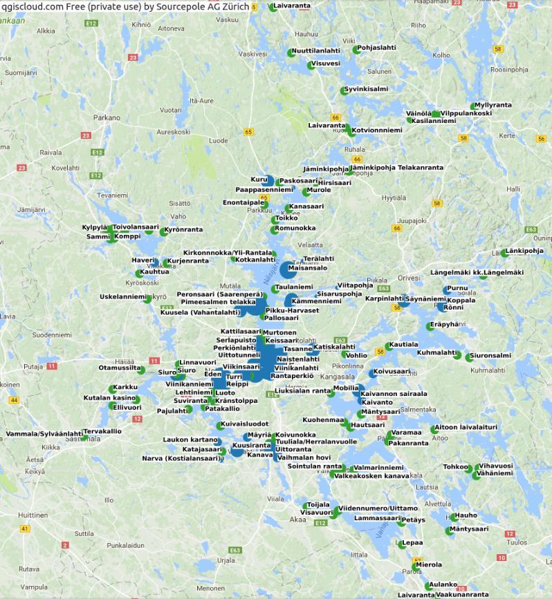 4.5. Satamaverkosto kartalla Näsijärven, Pyhäjärven ja Roine/Längelmäveden vesistöissä satamia, rantautumispaikkoja ja veneenlaskupaikkoja on suhteellisen paljon.