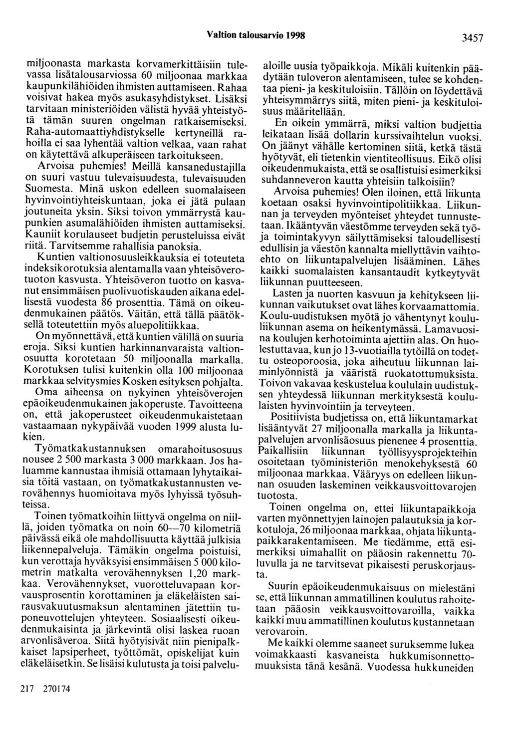 Valtion talousarvio 1998 3457 miljoonasta markasta korvamerkittäisiin tulevassa lisätalousarviossa 60 miljoonaa markkaa kaupunkilähiöiden ihmisten auttamiseen.