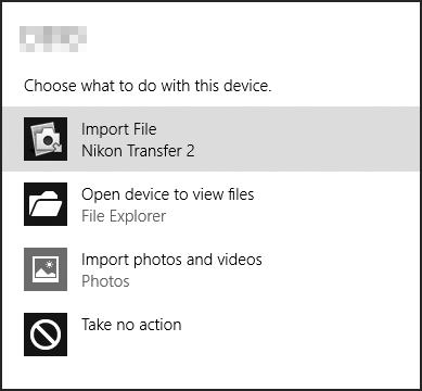 A Windows 7 Jos seuraava valintaikkuna näytetään, valitse Nikon Transfer 2 alla kuvatulla tavalla.