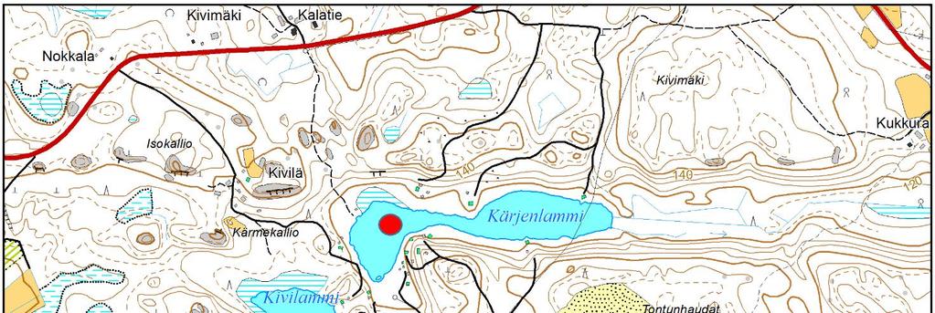 Järvestä ei ole tiedossa aikaisempia vedenlaatutuloksia. Kuva 1. Näytteenottopaikka on merkitty karttaan punaisella pallolla.