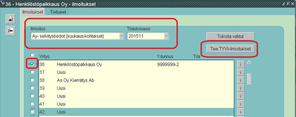 Kuva 5. Palkanlaskenta ruutu -> ylävalikosta ilmoitukset ruudulta valitaan ilmoitus.