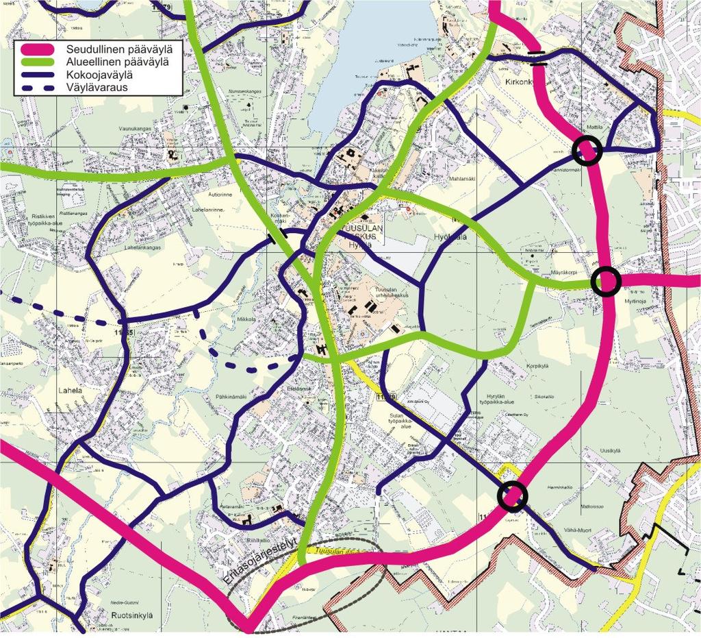 5.3 Tuusulan keskustan tieverkkoselvitys 2007, Tuusulan kunta ja Tiehallinto Tuusulan keskustan tieverkkoselvityksen yhteydessä on tarkasteltu liikenneverkon pitkän aikavälin kehittämishankkeita,