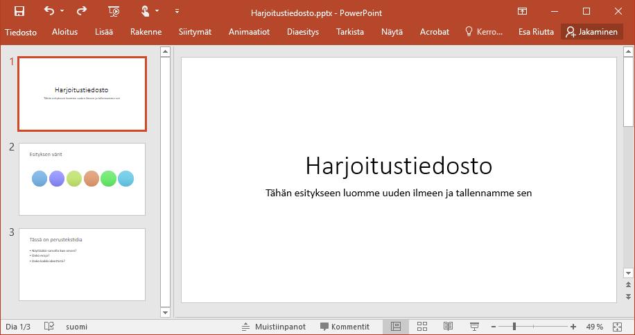 1/5 POWERPOINT HARJOITUKSET 3.1-3.7 OMAN ESITYSPOHJAN RAKENTAMINEN Aloita avaamalla harjoituksen tiedosto nimeltä Harjoitustiedosto.pptx. HARJOITUS 3.