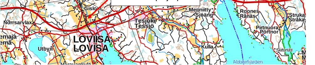 Suunniteltu hankealue alkaa Kvarnbackenin koskialueen alapuolelta ja jatkuu aina Loviisan pohjoispuolisen moottoritien pohjoispuolelle asti (Kartta: