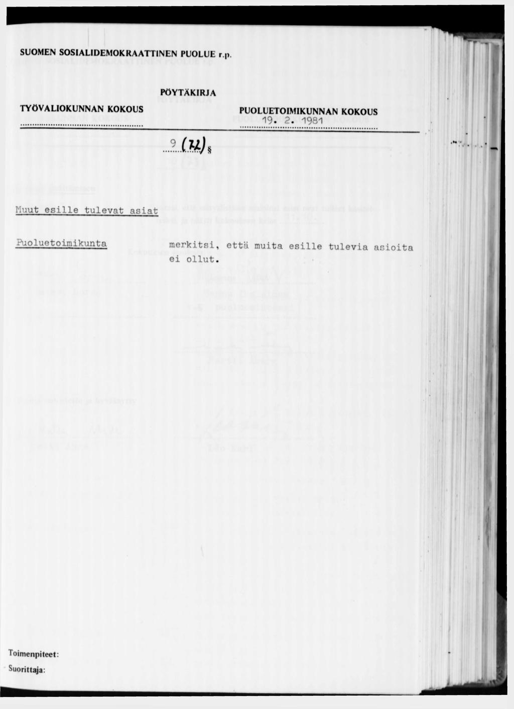SUOMEN SOSIALIDEMOKRAATTINEN PUOLUE r.p. PÖYTÄK IRJA 19. 2.1981.