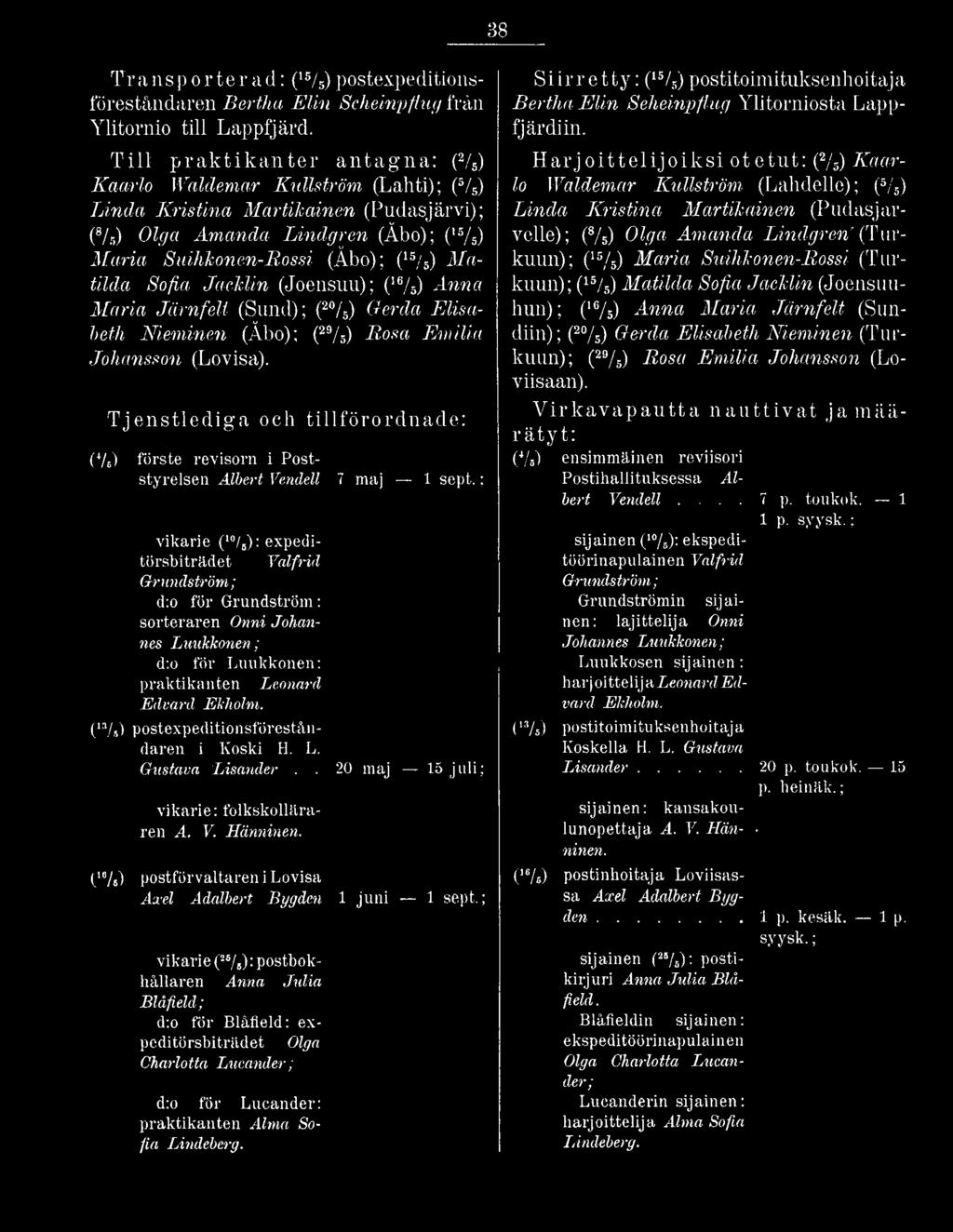 ; vikarie (10/5): expeditörsbiträdet Valfrid Grundström; d:o för Grundström: sorteraren Onni Johannes Luukkonen; d:o för Luukkonen: praktikanten Leonard Edvard Ekholm.