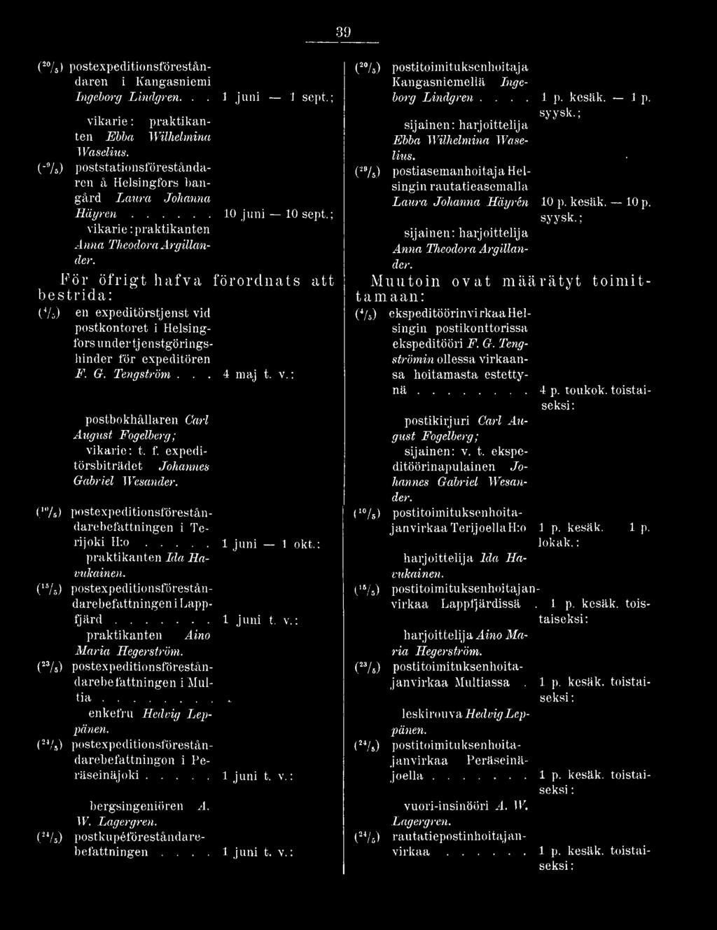 F ör ö frig t h a fv a fö ro rd n ats a tt b e strid a : (4/ j en expeditörstjenst vid postkontoret i Helsingfors under tjenstgöringshinder för expeditören F. G. Tengström... 4 maj t. v.: postbokhållaren Carl August Fogelberg; vikarie: t.